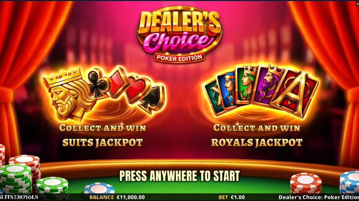 Dealer’s Choice: Poker Edition slot game interface na may poker theme