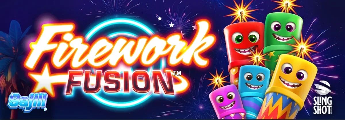 Makulay na disenyo ng Firework Fusion slot na may tema ng pyrotechnics at beachside carnival.